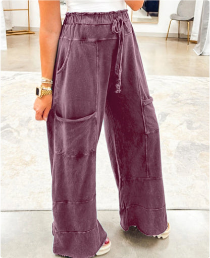 Medium Grey Mineral Wash Lace-up High Waist Raw Hem Patched Pocket Pants