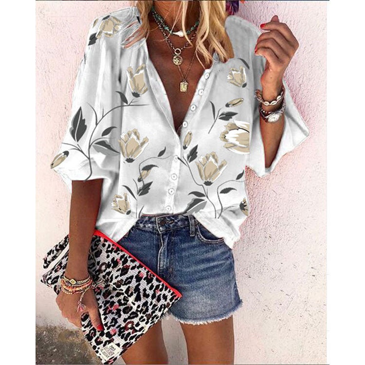 Flower Printed Nine-Sleeve Top Loose Casual Shirt