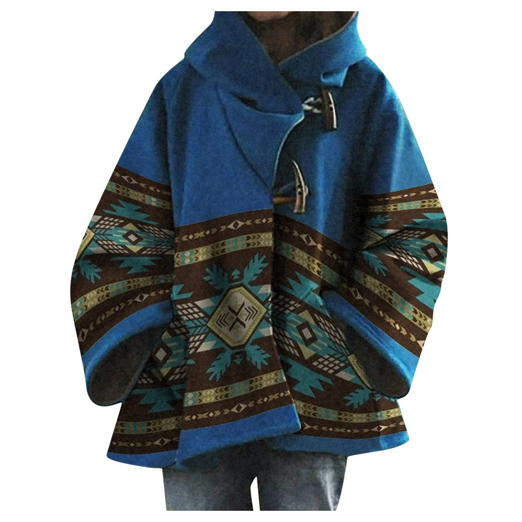 Winter New Women's Loose Retro Printed Woolen Coat