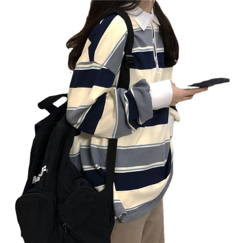 Spring And Autumn Idle Style Striped Loose Collar Sweater