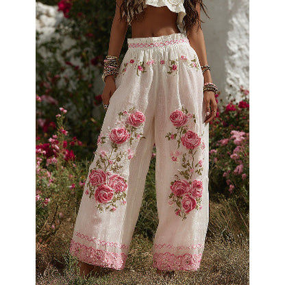 3D Floral Print Pattern Elegant Straight Women's Trousers