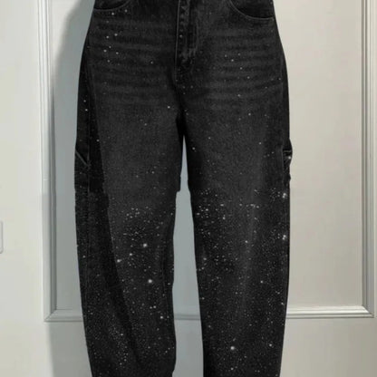Ins Shiny Straight Jeans With Pockets Fashion Loose Wide-leg Pants For Women Street-style Trousers