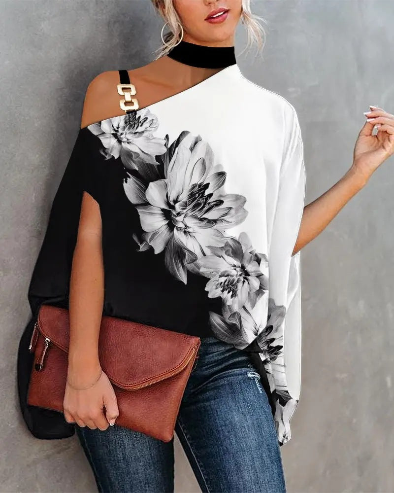 Women's Fashion Doll Sleeve Printed Shirt