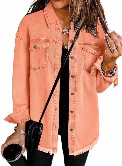 Washed Denim Shirt Women's Personalized Street Style Frayed Hem Coat