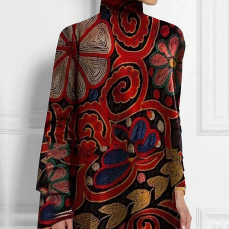 Turtleneck Allover Floral Print Asymmetrical Hem Top