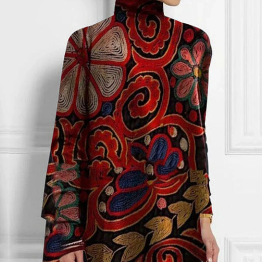 Turtleneck Allover Floral Print Asymmetrical Hem Top
