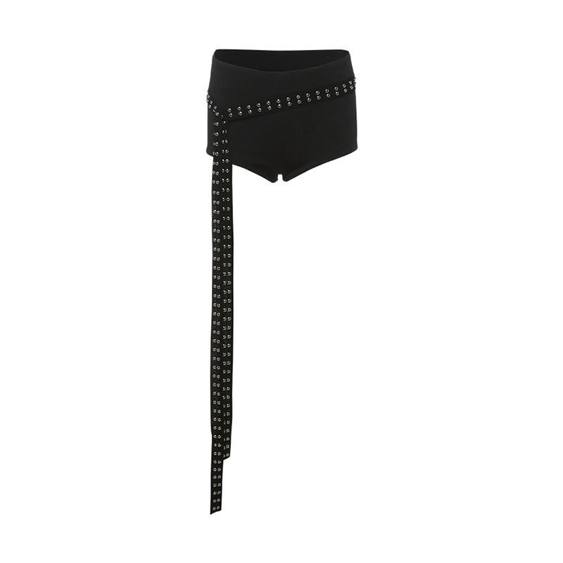 Unique One-shoulder Midriff-baring Top Rivet Tassel Shorts