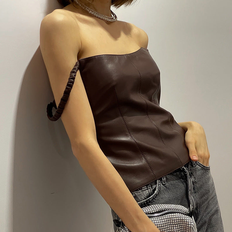 Women's Leather Spaghetti Straps Sleeveless Top