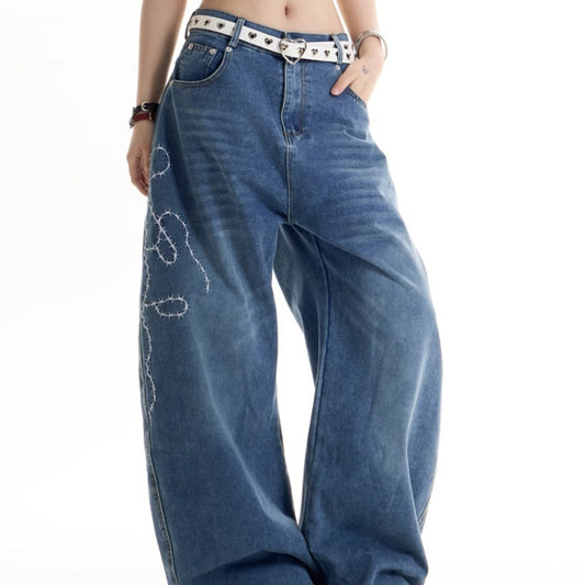 American Retro Hot Girl Embroidered Machete Jeans
