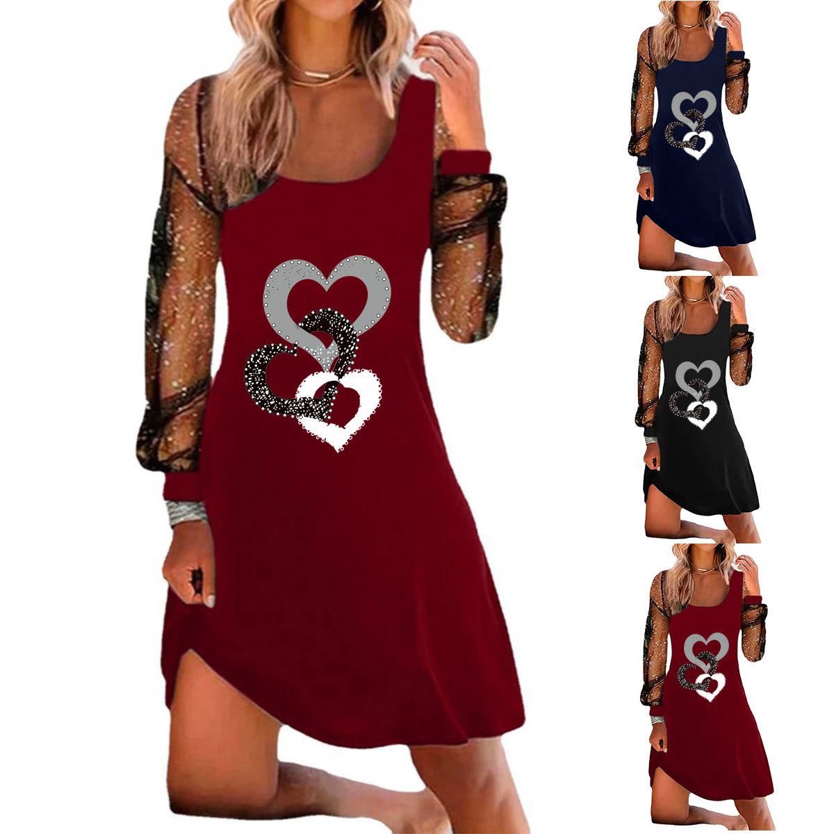 Ladies Fashion Printed Mesh Panel Dress