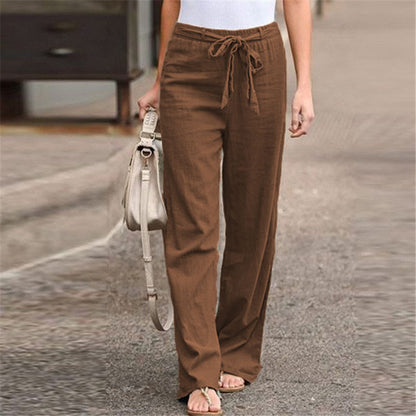 European And American Cotton And Linen Casual Wide-leg Pure Color Elastic Waist Lace-up Loose Women's Trousers