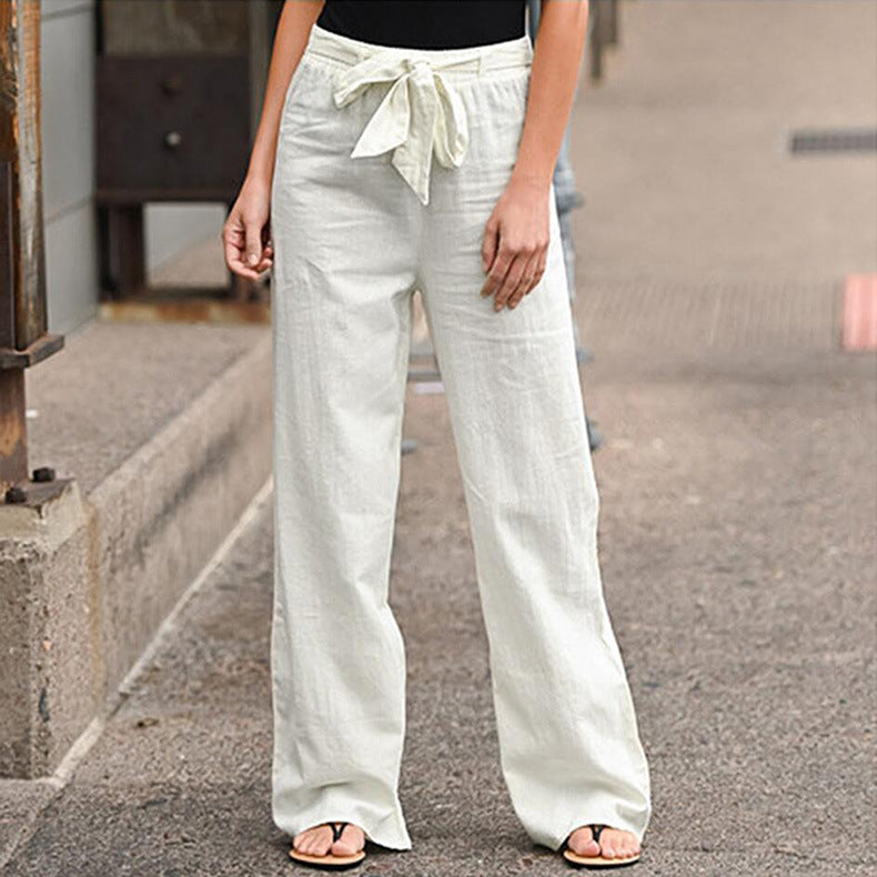 European And American Cotton And Linen Casual Wide-leg Pure Color Elastic Waist Lace-up Loose Women's Trousers