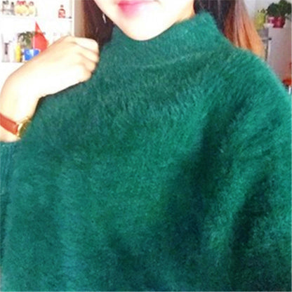 Faux Mink Half High Neck Loose Solid Color Sweater