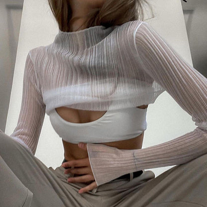 Women's Solid Color Pit Striped Slim Long-sleeved Shirt With Wooden Ears
