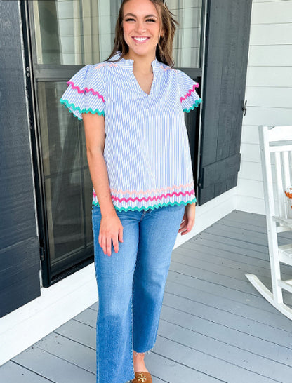 Sky Blue Stripe Ricrac Trim Split Neck Striped Ruffled Sleeve Blouse