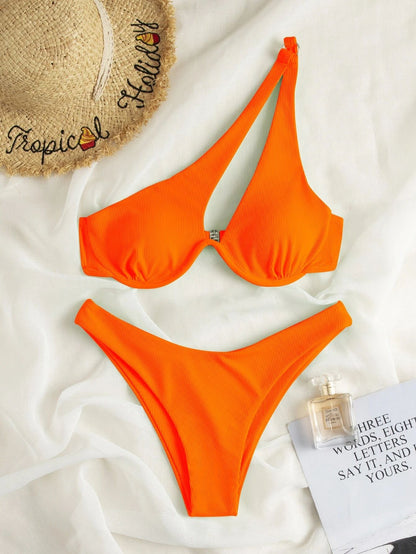 Ladies Split Swimsuit Solid Color One Shoulder Underwire Bikini