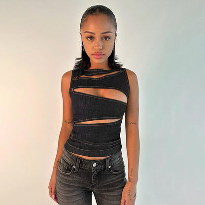 New Sexy Hollow-out Faux Denim Vest Top For Women