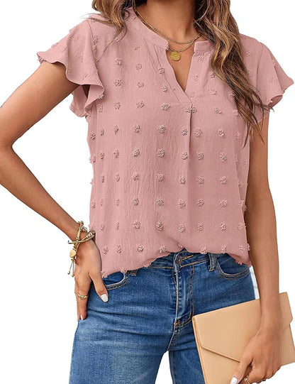 Women's Fashion V-neck Ruffle Sleeve Chiffon Shirt Short Sleeve