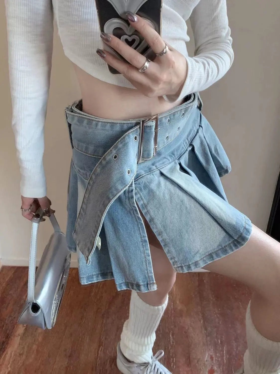 High Waist Slimming Denim Pleated Skirt