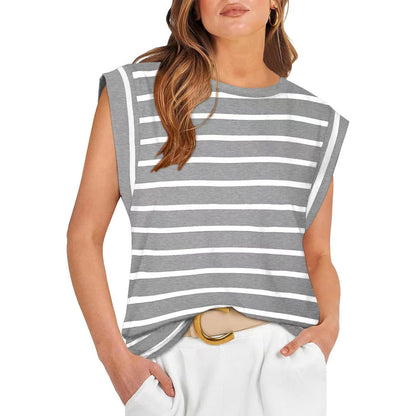 Round Neck Loose Short Sleeves Striped Top For Women