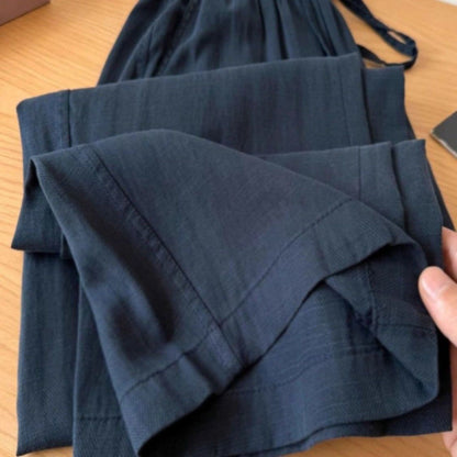 Blue Elastic Waistband Lace-up Cotton Linen Wide-leg Pants