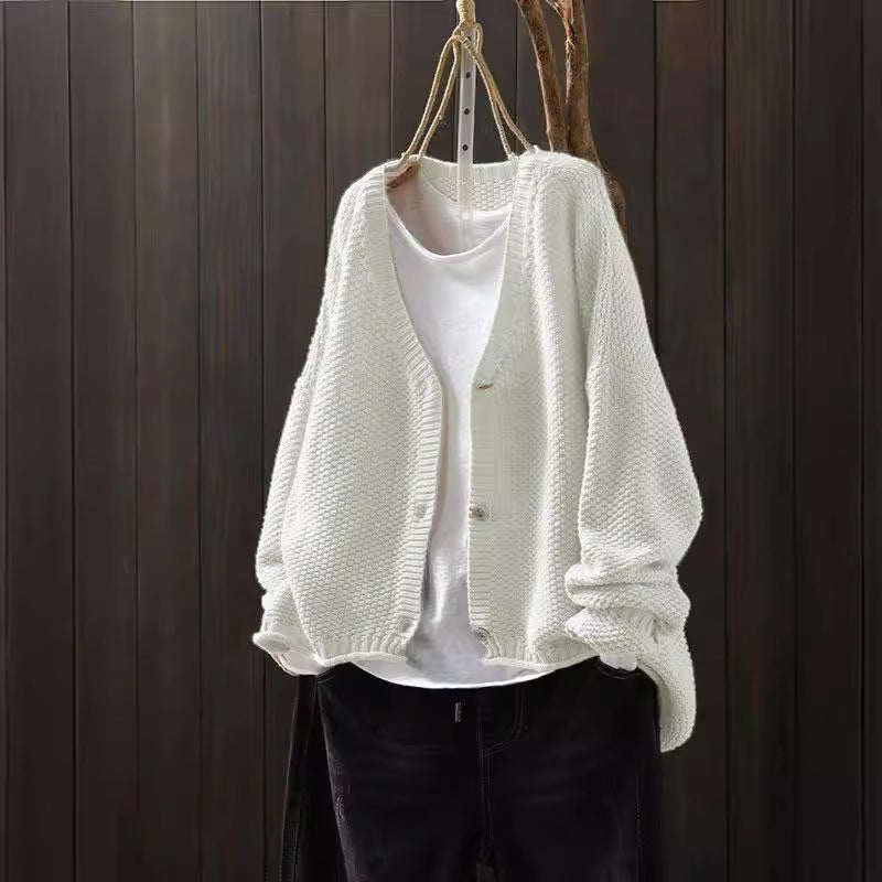 Cross-border Early Autumn New Casual Versatile Solid Color V-neck Long-sleeved Single-breasted Knitted Cardigan Sweater