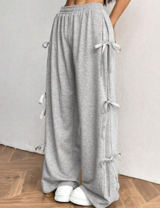 Elastic Waist Solid Color Bow Lace Up Casual Straight-leg Pants