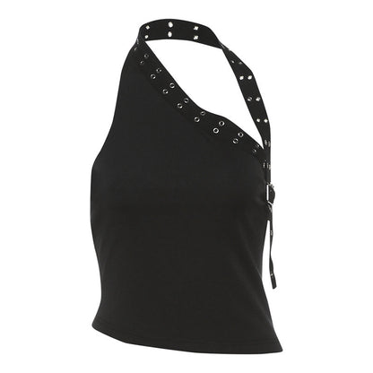 Unique One-shoulder Midriff-baring Top Rivet Tassel Shorts