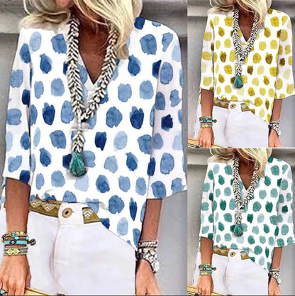 V-Neck Dot Print Loose Casual Shirt Top