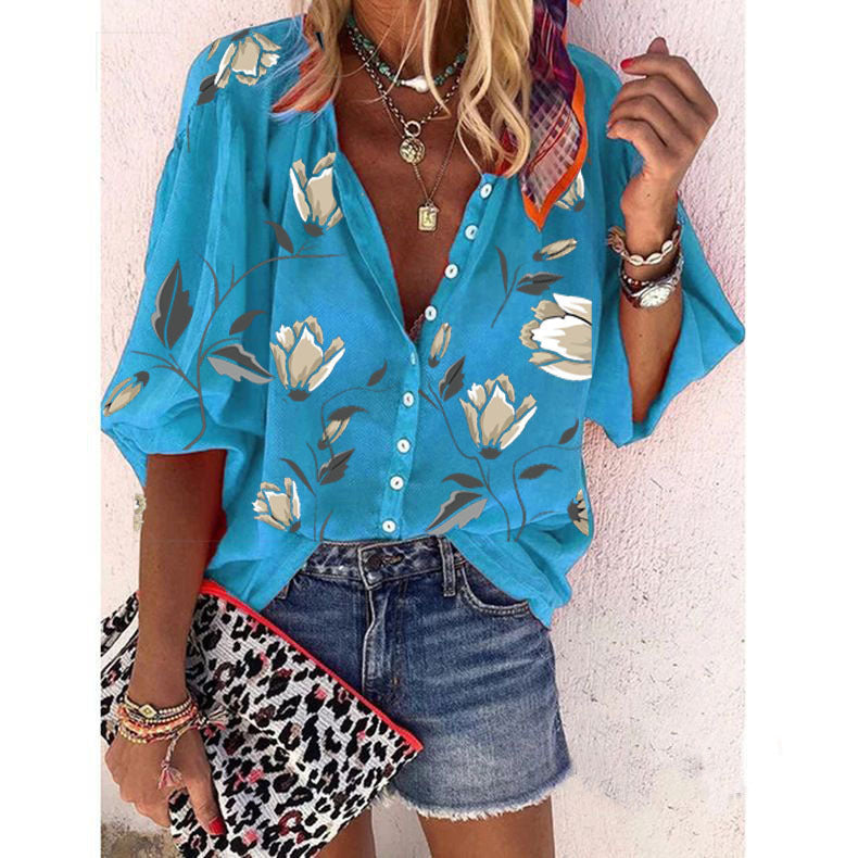 Flower Printed Nine-Sleeve Top Loose Casual Shirt