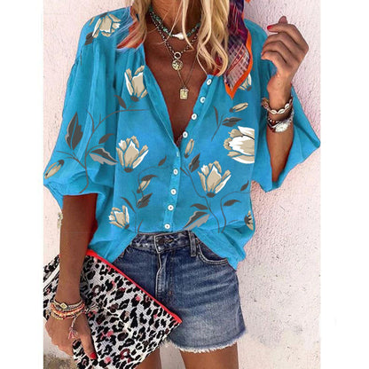Flower Printed Nine-Sleeve Top Loose Casual Shirt