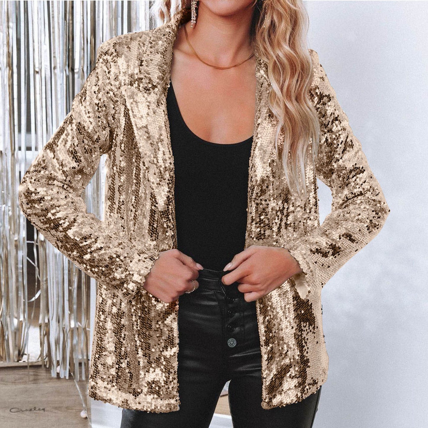 Lapel Long Sleeve Sequined Casual Suit Jacket Women
