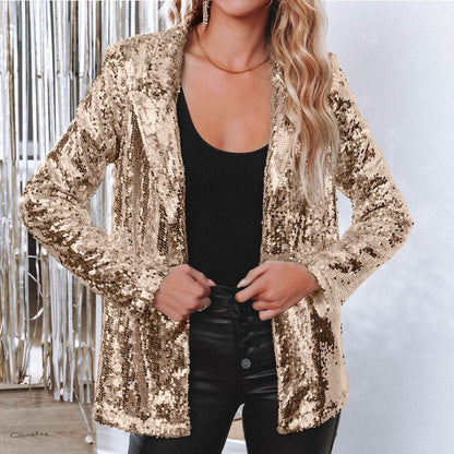 Lapel Long Sleeve Sequined Casual Suit Jacket Women