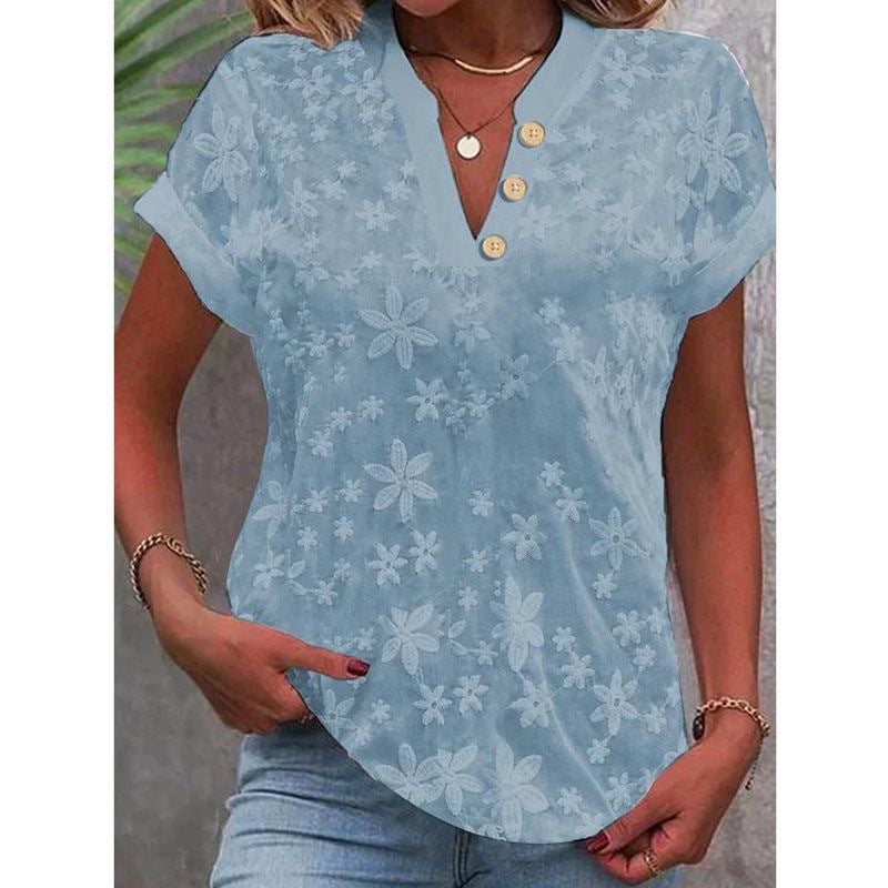 Women's Embroidered V-neck Short Sleeve Button Shirt