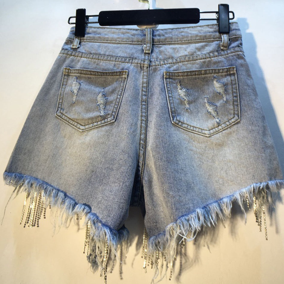 Fringed Chain Jeans Women's High Waist Slim Se Xy Shorts European And American Style Heavy Industry Beading Tide