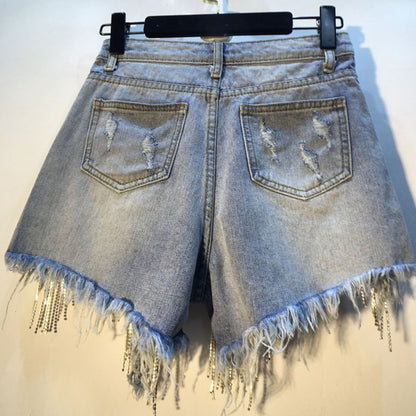 Fringed Chain Jeans Women's High Waist Slim Se Xy Shorts European And American Style Heavy Industry Beading Tide