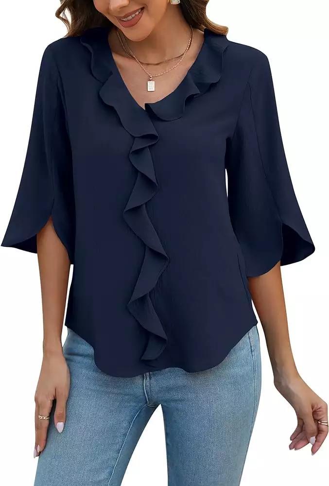 Lady Literature Leisure Commute All-matching Loose All-matching V-neck Flounce Shirt