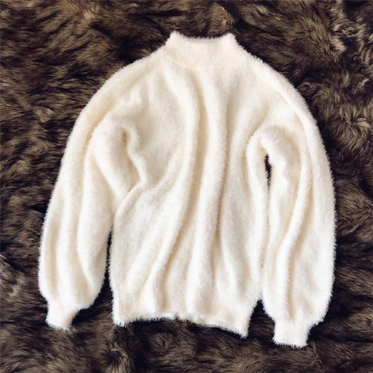 Faux Mink Half High Neck Loose Solid Color Sweater