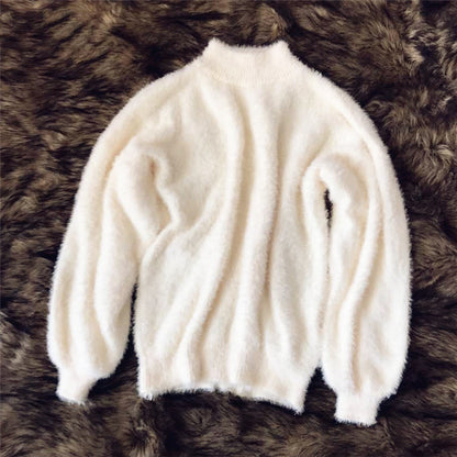 Faux Mink Half High Neck Loose Solid Color Sweater