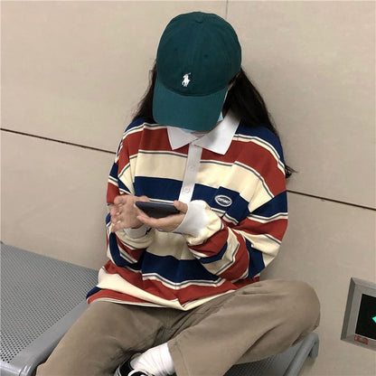 Spring And Autumn Idle Style Striped Loose Collar Sweater