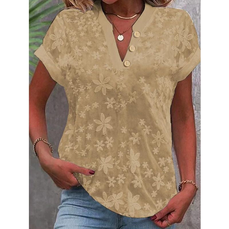 Women's Embroidered V-neck Short Sleeve Button Shirt