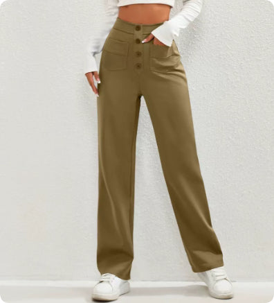 High Waist Trousers With Pockets Casual Loose Wide Leg Button Straight Pants Women's Clothing