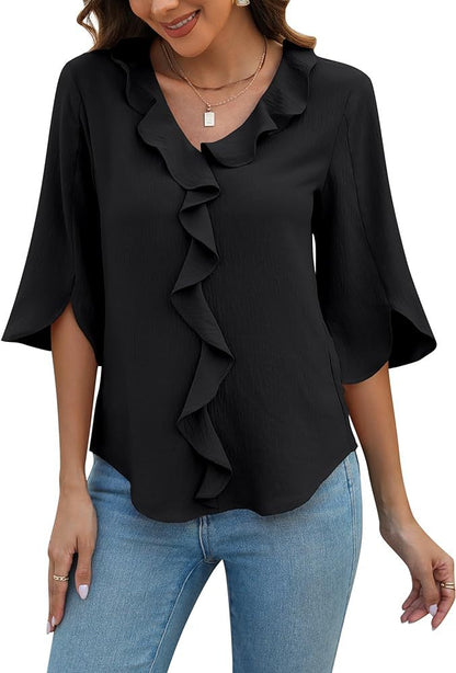 Lady Literature Leisure Commute All-matching Loose All-matching V-neck Flounce Shirt