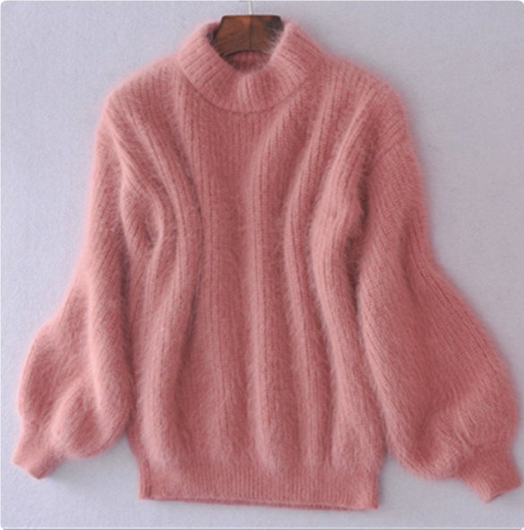 Faux Mink Half High Neck Loose Solid Color Sweater