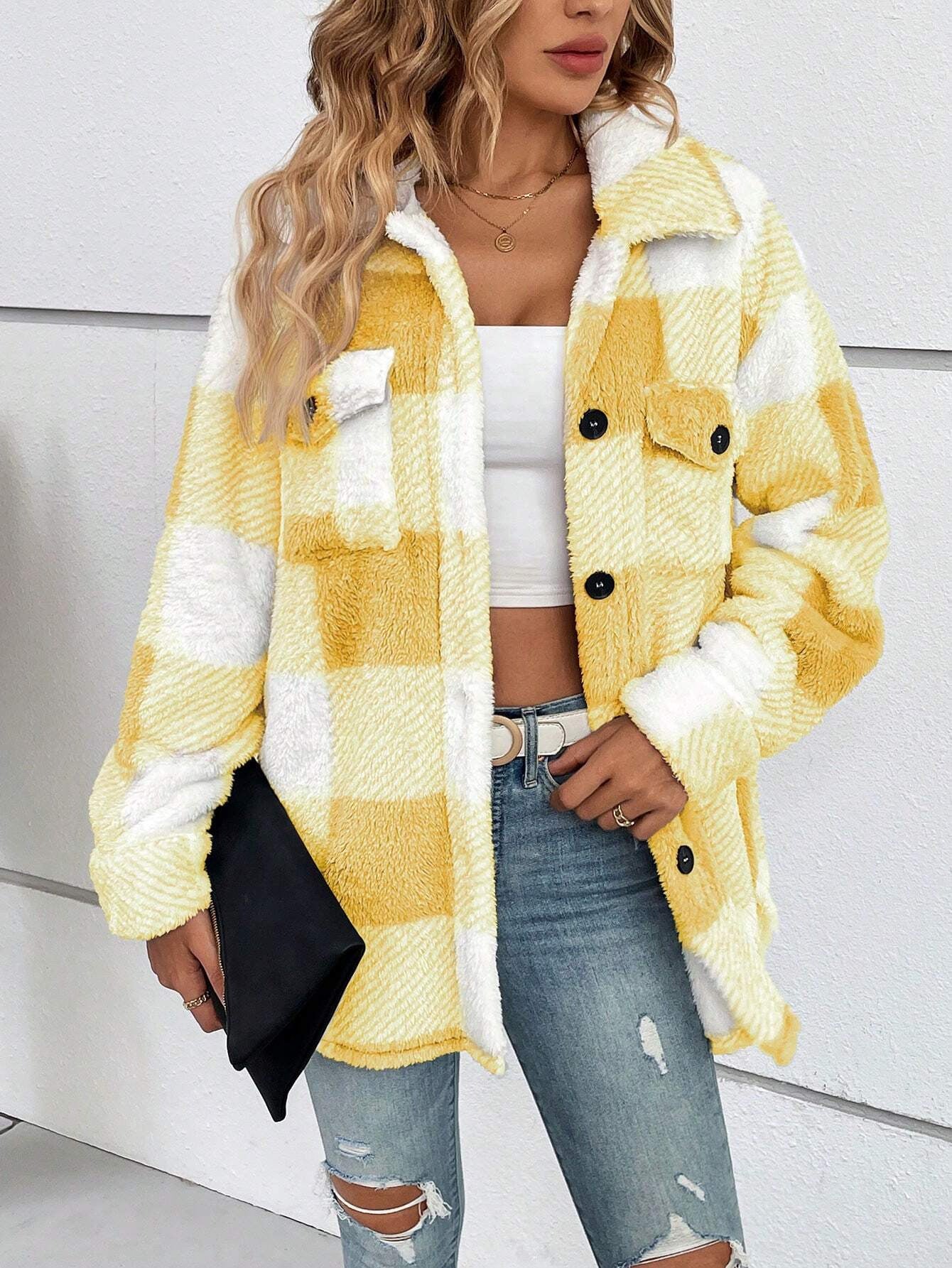 Plush Plaid Women's Autumn And Winter Open Button Lapel Thermal Plaid Pattern Jacket
