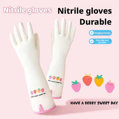 Hanging button nitrile household gloves-strawberry style-length 38 cm-size L palm width-1 pair