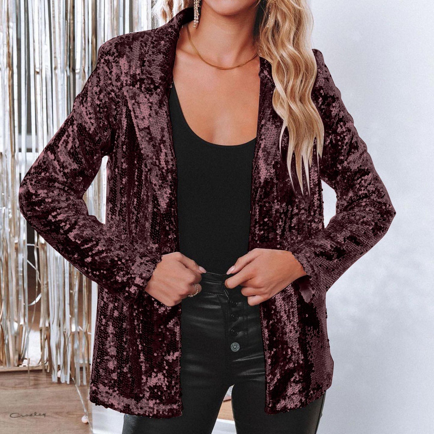Lapel Long Sleeve Sequined Casual Suit Jacket Women