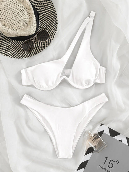 Ladies Split Swimsuit Solid Color One Shoulder Underwire Bikini