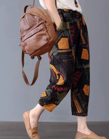 Thin Section Breathable Retro Fashion Nine Point Summer Loose Printed Women's Trousers