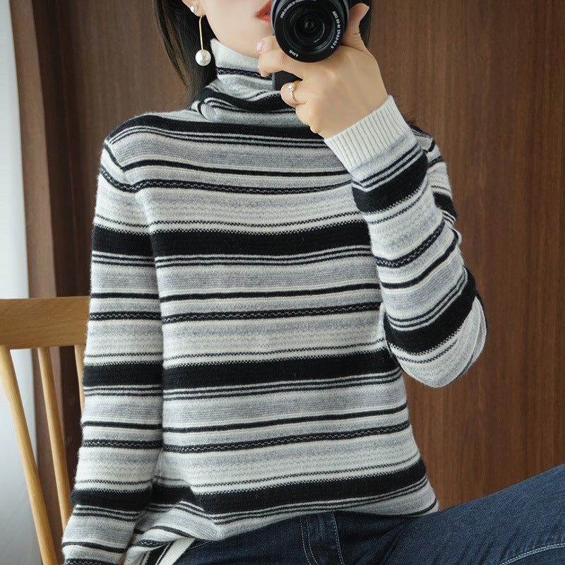 Turtleneck Women's Knitted Sweater Wool Striped Long Sleeves